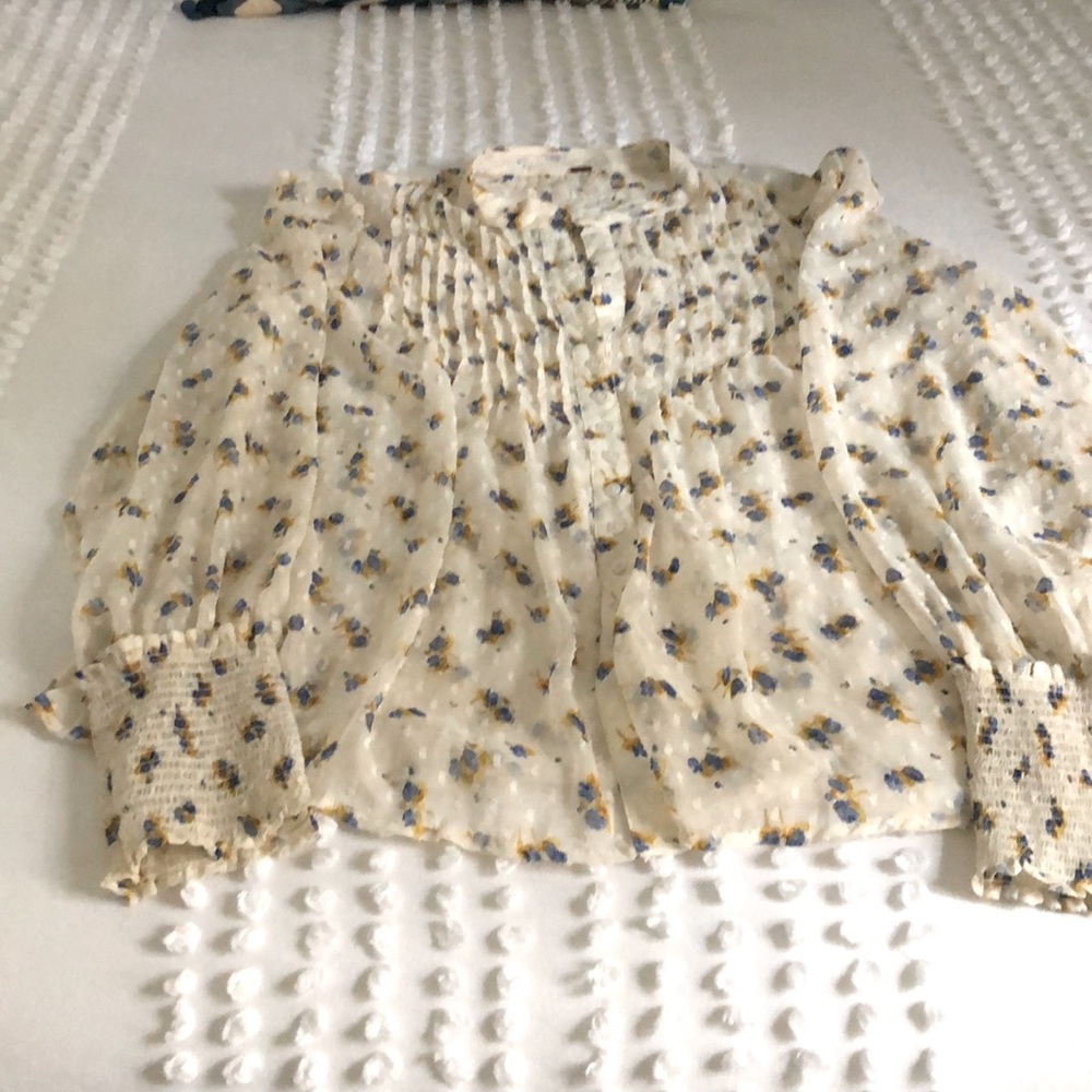 Free People Blouse, romantic, gauzy, off white with blue and gold accents.